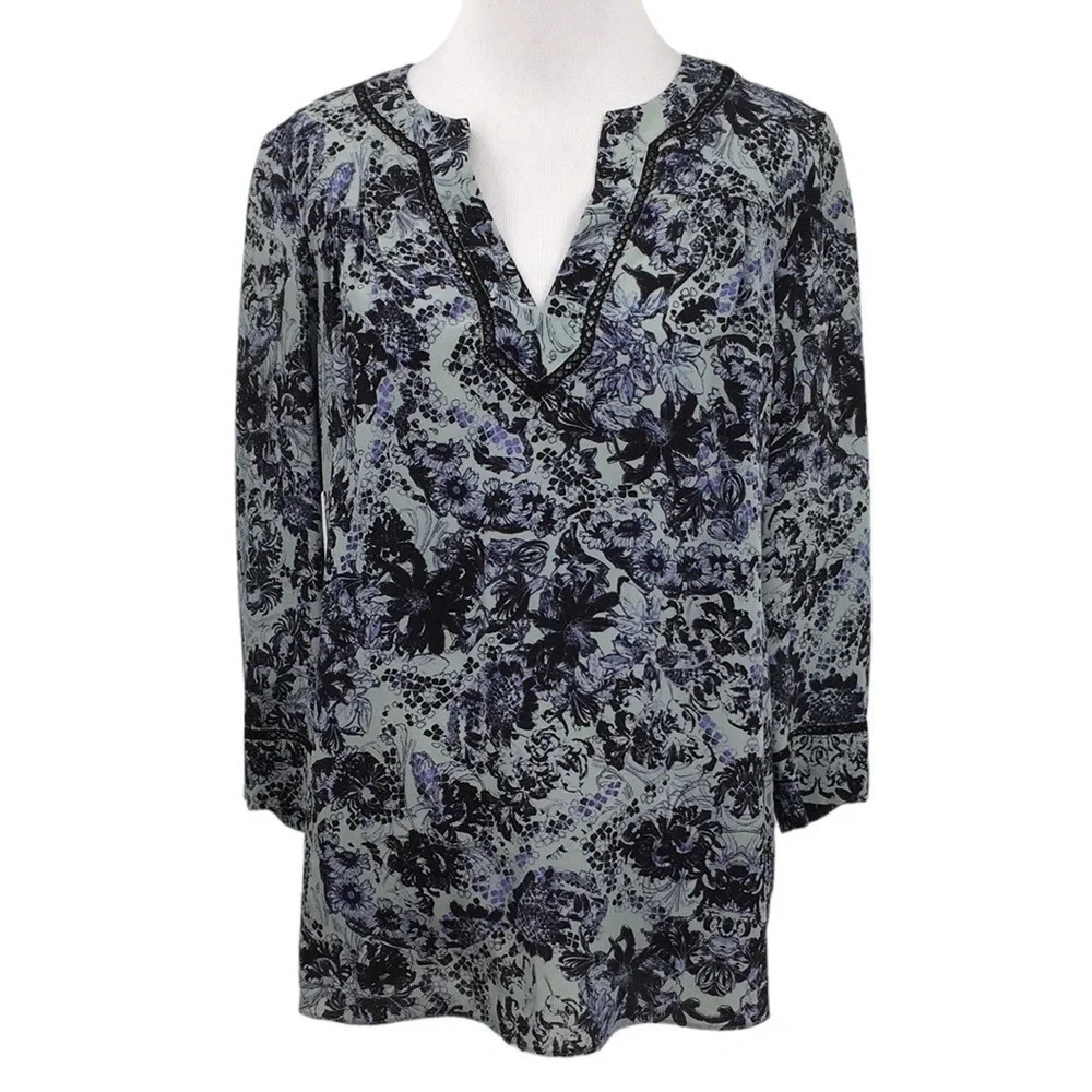 Rebecca Taylor Blouse Womens 0 Blue Black Floral Kiku Print 3/4 Sleeve Silk Top